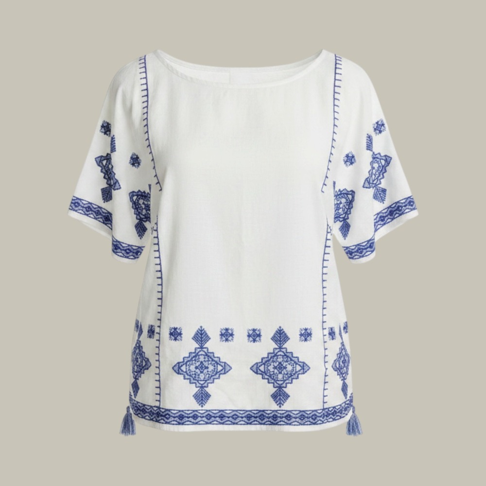 Vineyard Vines Womens White Blue Embroidered Cotton Tassel Blouse Top Medium